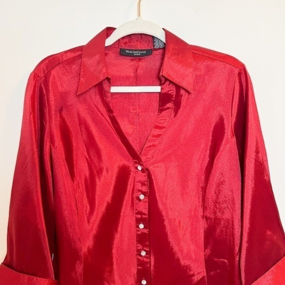 Blue Diamond Stretch Red Shiny‎ V-Neck 3/4 Sleeve Button Down Shirt Blouse Top L - Picture 3 of 7
